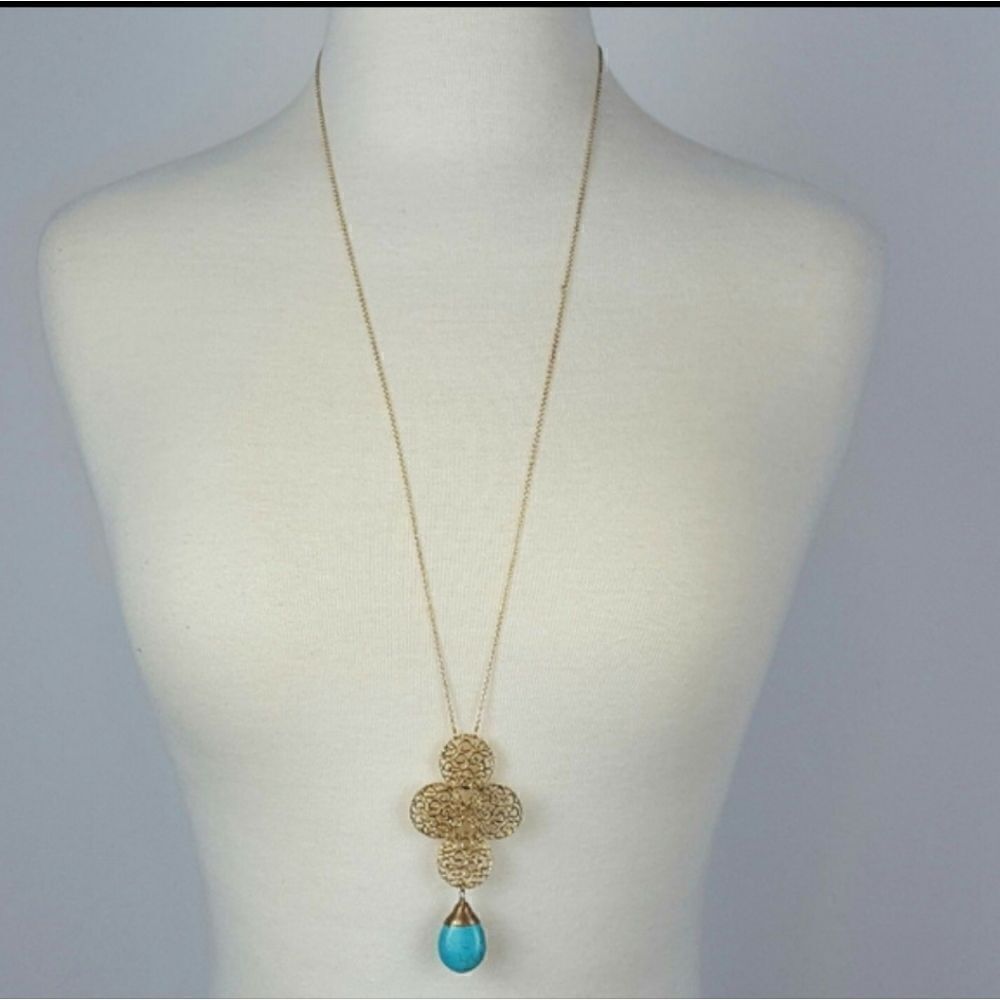 ‎Women's Golden Tone Long Necklace with Turquise Stone Bohemian